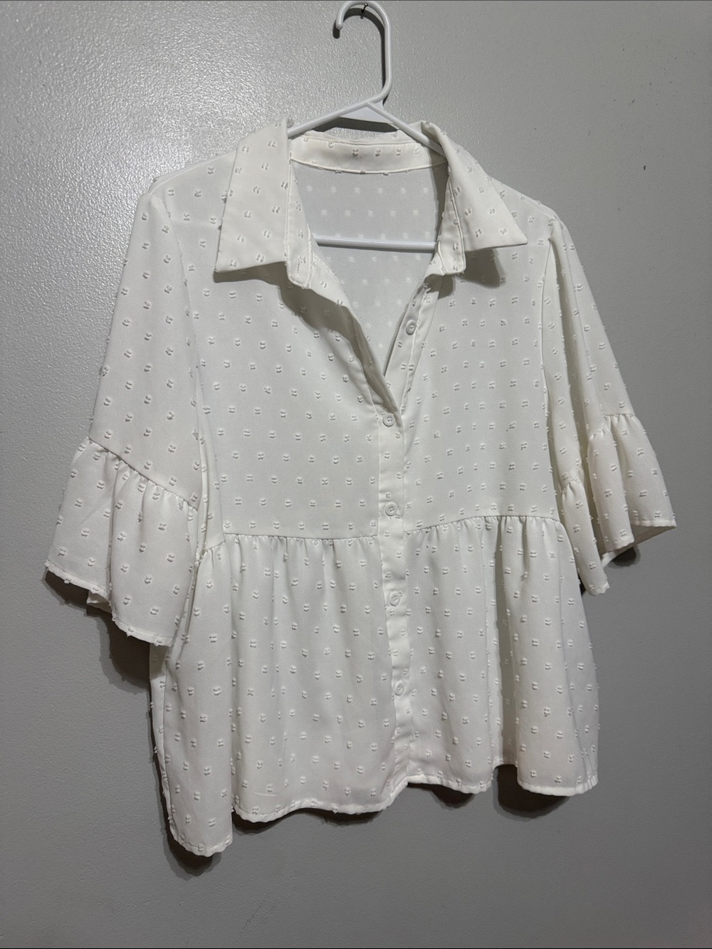 Women's Cream Button-Front Swiss Dot Peplum Blouse